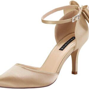 Wedding Shoes Womens Satin Pumps with Bow Knot Ankle Strap Mid Heel Stylish